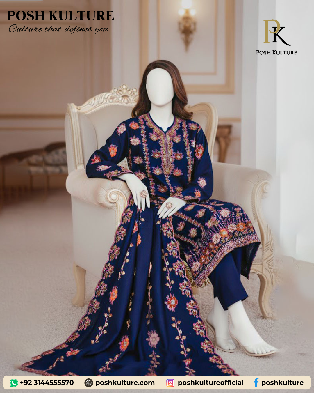 Exquisite Deep Navy Blue 3-Piece Embroidered Chiffon Suit - Image 3