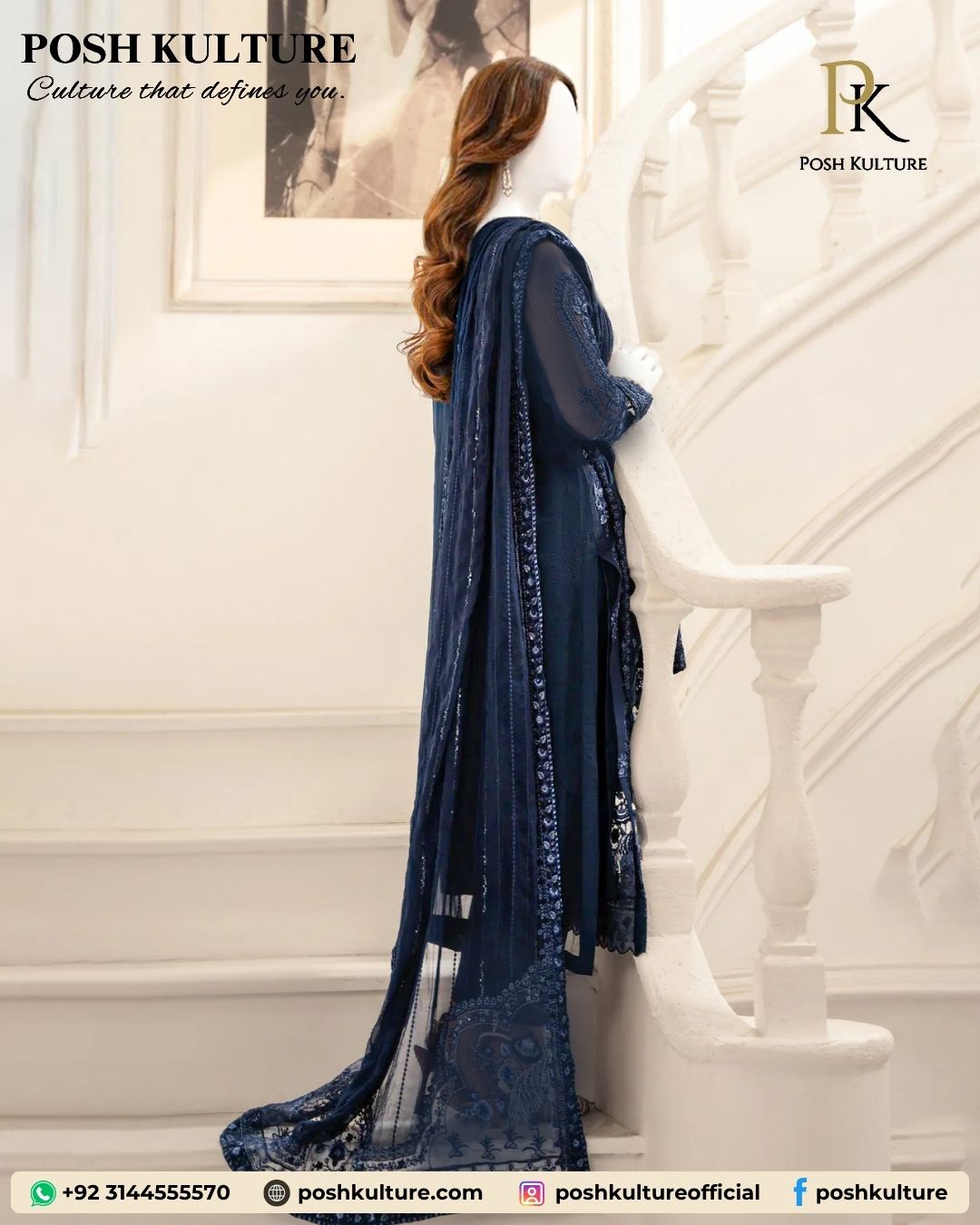 Sapphire Blue: Heavy Embroidered Dhanak Winter Suit - Image 2