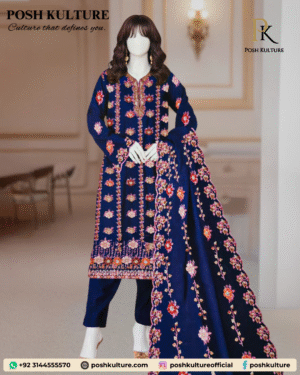 Exquisite Deep Navy Blue 3-Piece Embroidered Chiffon Suit