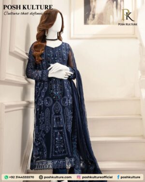 Sapphire Blue: Heavy Embroidered Dhanak Winter Suit