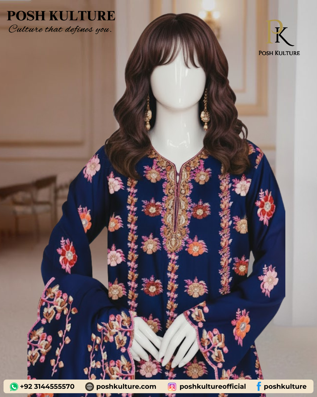 Exquisite Deep Navy Blue 3-Piece Embroidered Chiffon Suit - Image 2
