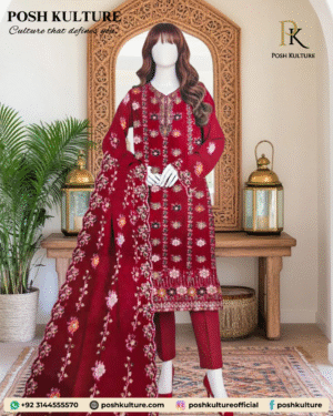 Regal Deep Red 3-Piece Chiffon Suit with Intricate Floral Embroidery