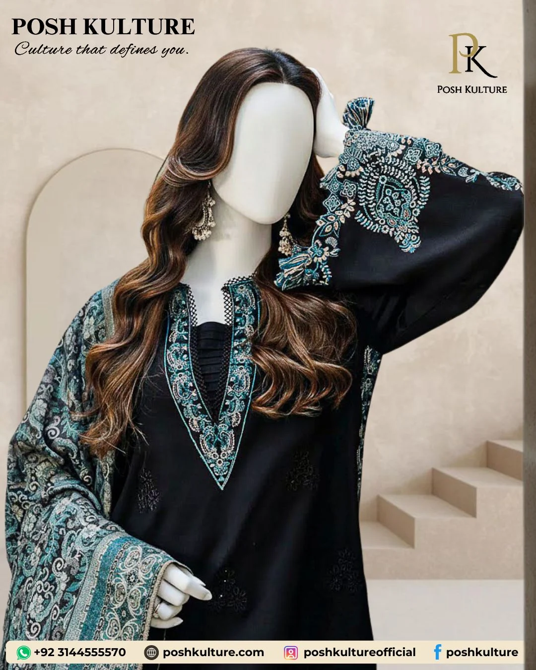Deep Navy Blue Luxury Embroidered Dhanak Suit (3-Piece) with Printed Shawl