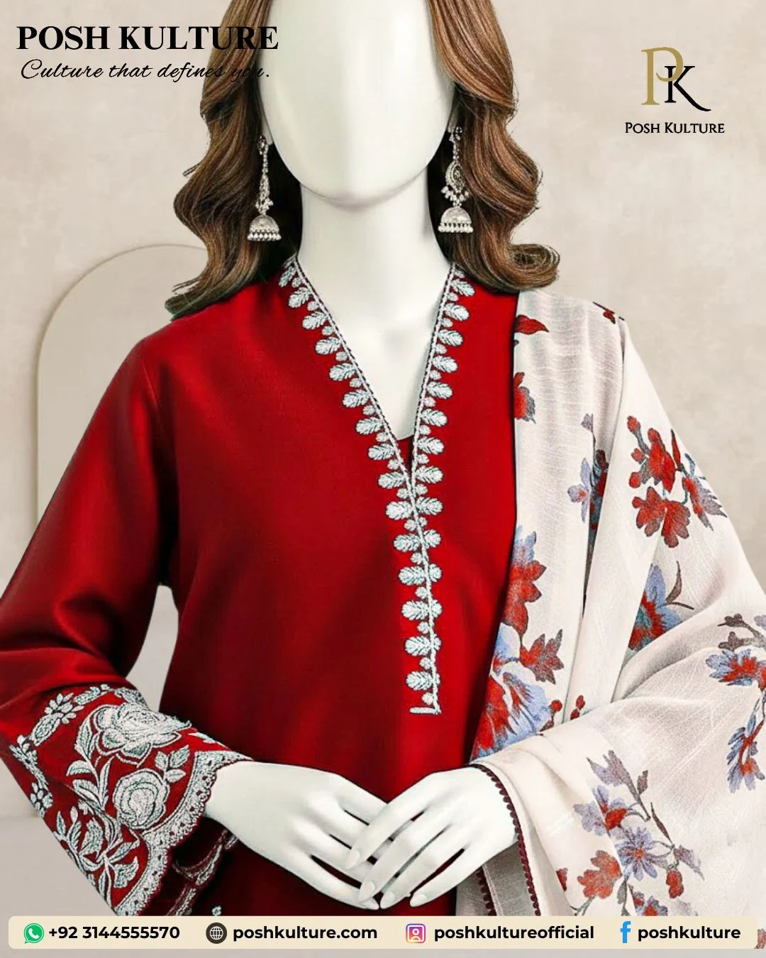 Zara Shahjahan Luxury Embroidered Scarlet Red Dhanak Suit (3-Piece)