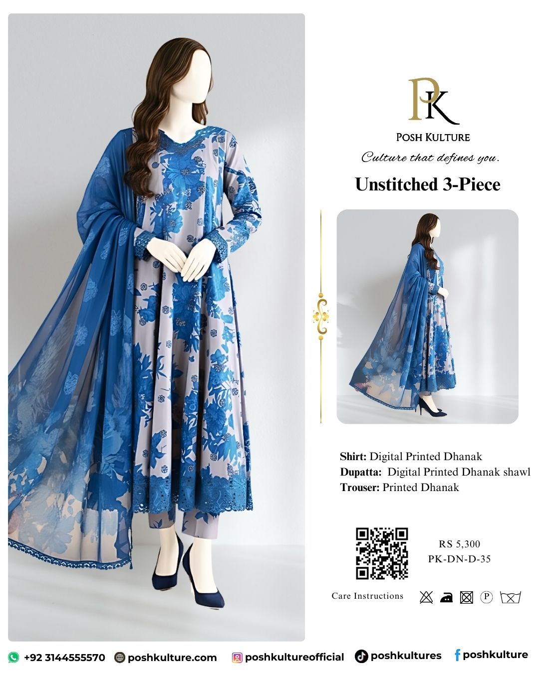 Luxury Royal Blue Floral Print Dhanak Unstitched 3PC Suit