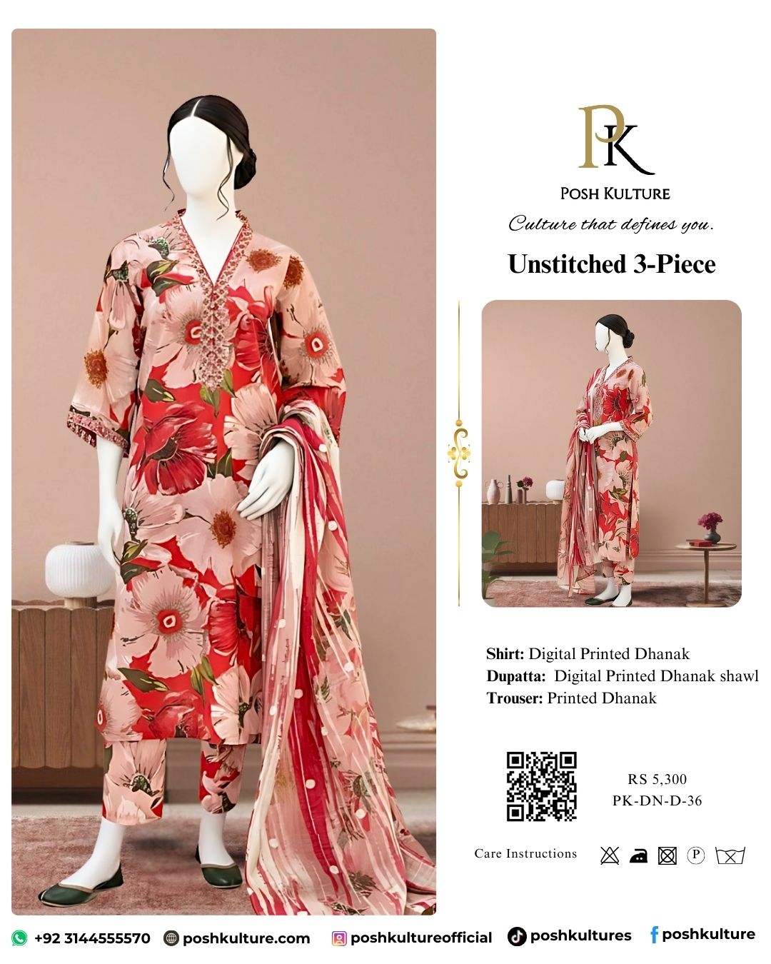 Premium Unstitched 3PC Dhanak Suit with Digital Shawl (Red/Pink)