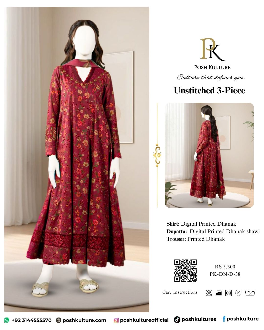 Representing Maroon Printed Dhanak Unstitched 3PC Suit