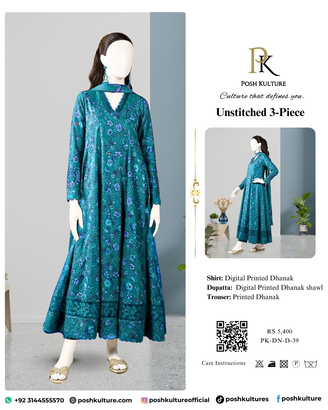 Deep Teal Luxury Print Dhanak 3PC Unstitched Ensemble