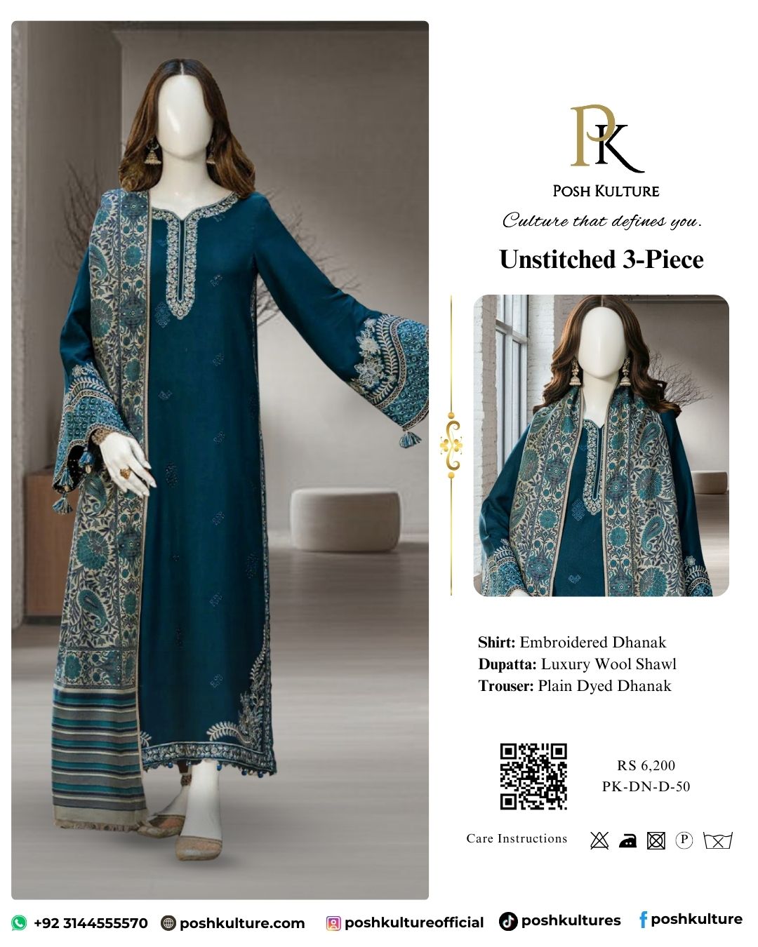 Premium Teal Embroidered Dhanak Suit with Heavy Sleeve Work and Luxury Wool Shawl