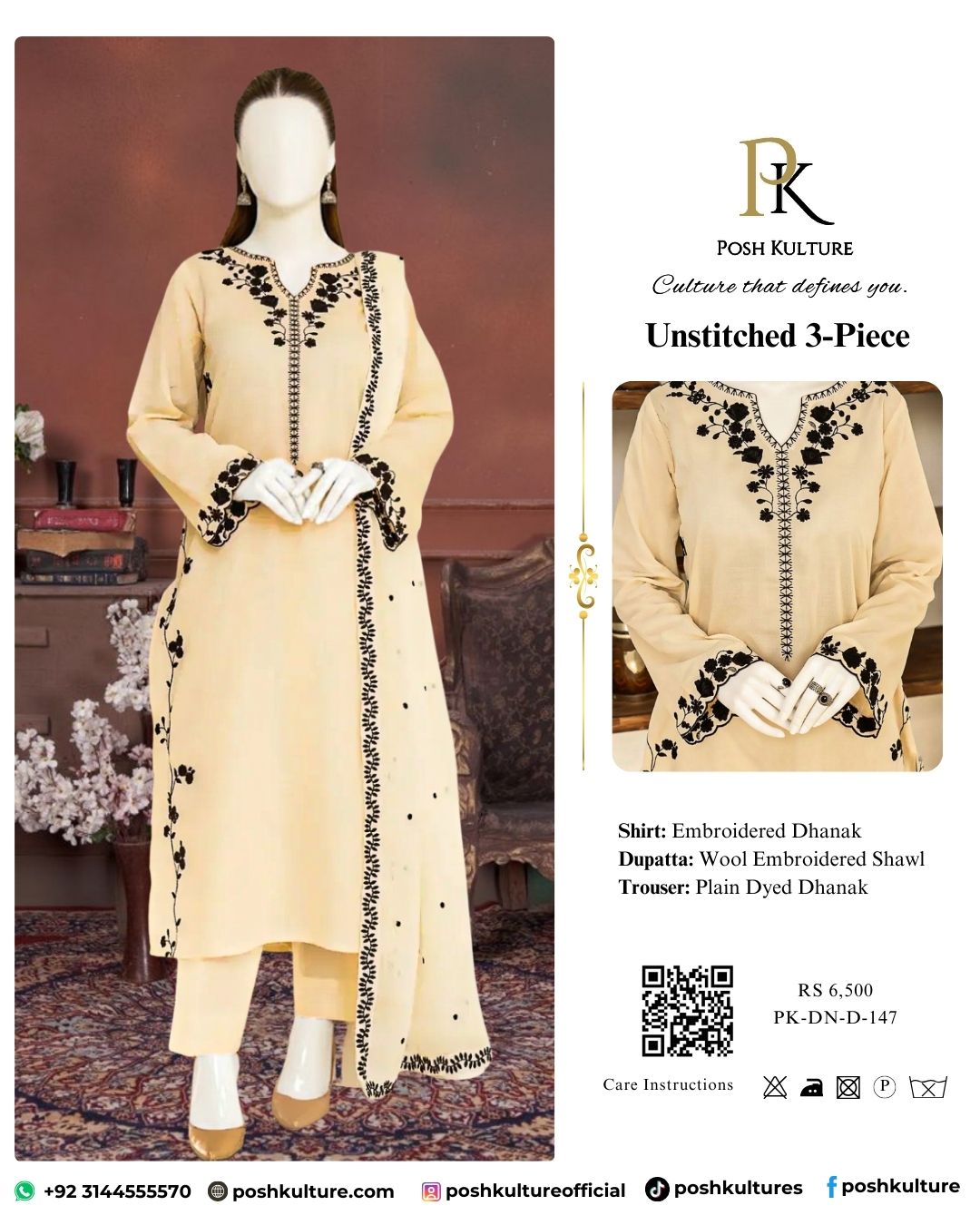 Luxury Floral Embroidered Dhanak Suit with Embroidered Shawl