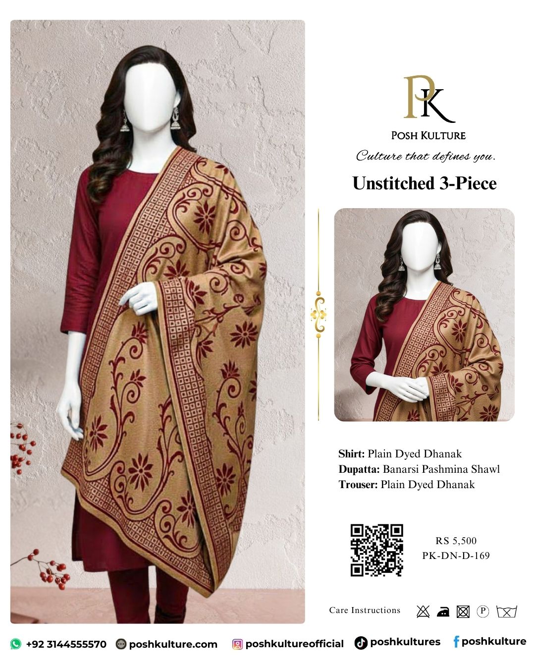 Timeless Maroon Dhanak Suit (3-Piece) with Opulent Indian Banarasi Pashmina Shawl