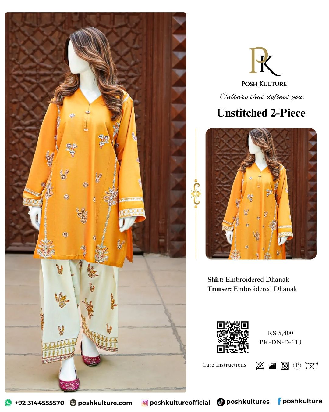 Premium Mustard Dhanak Embroidered 2-Piece Suit