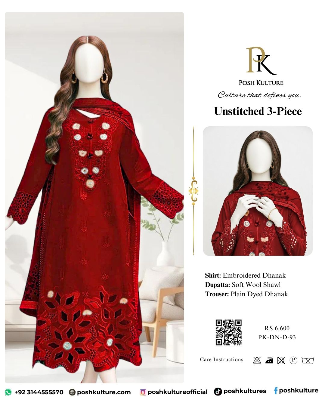 Monochromatic Masterpiece: Deep Red Dhanak Suit with Full Heavy Embroidery & Shawl