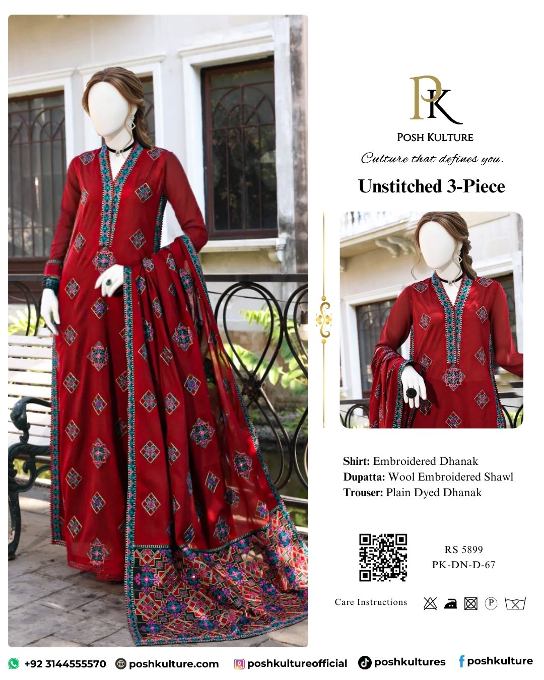 Premium Red Heavy Embroidered 3PC Dhanak Suit