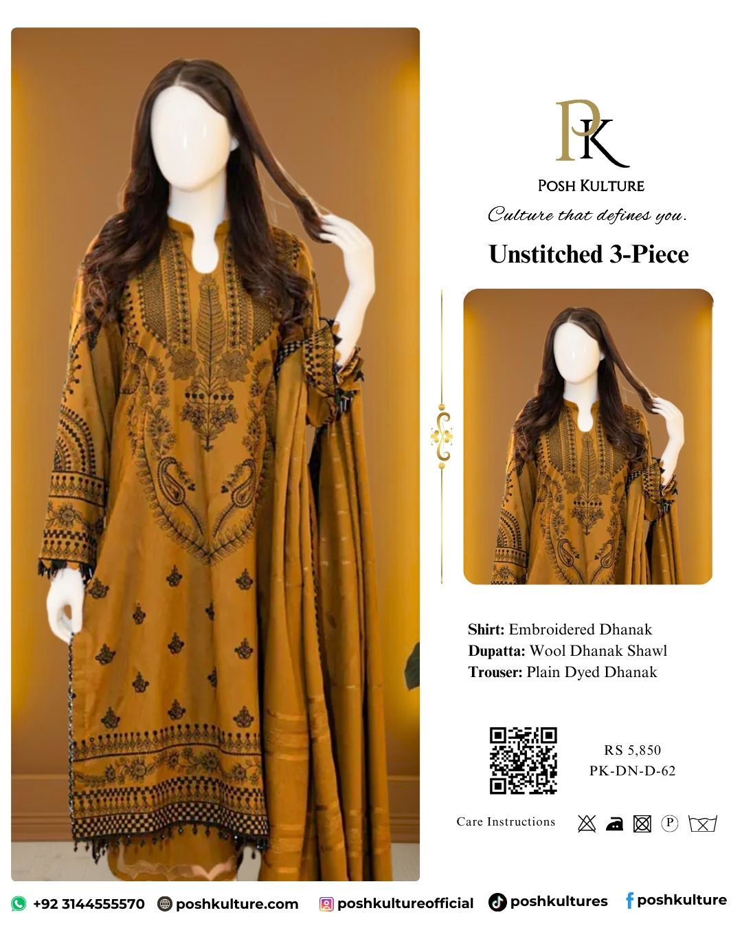 Mustard & Black Embroidered Dhanak 3PC Suit
