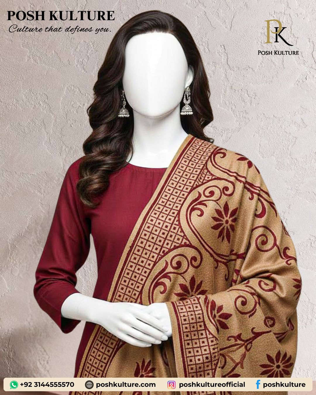 Timeless Maroon Dhanak Suit (3-Piece) with Opulent Indian Banarasi Pashmina Shawl