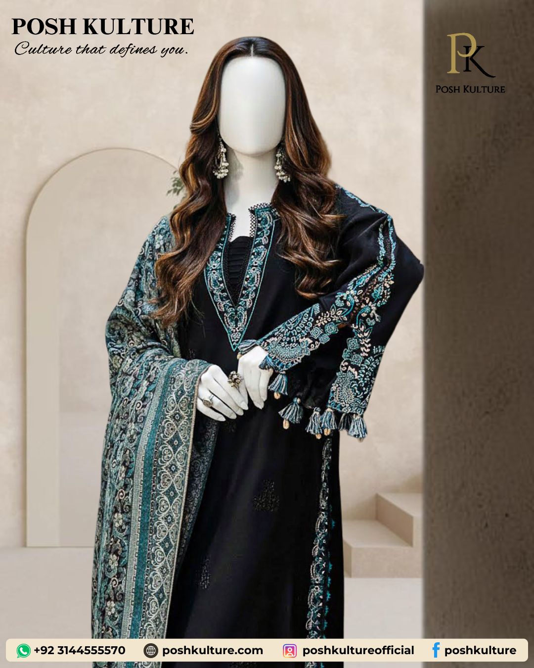 Deep Navy Blue Luxury Embroidered Dhanak Suit (3-Piece) with Printed Shawl