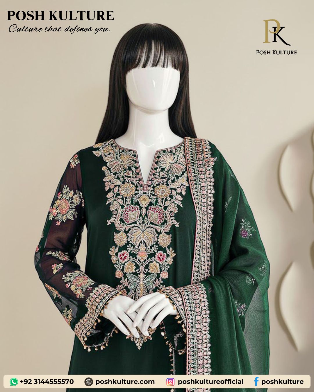 Premium Emerald Green Embroidered Chiffon Formal Suit
