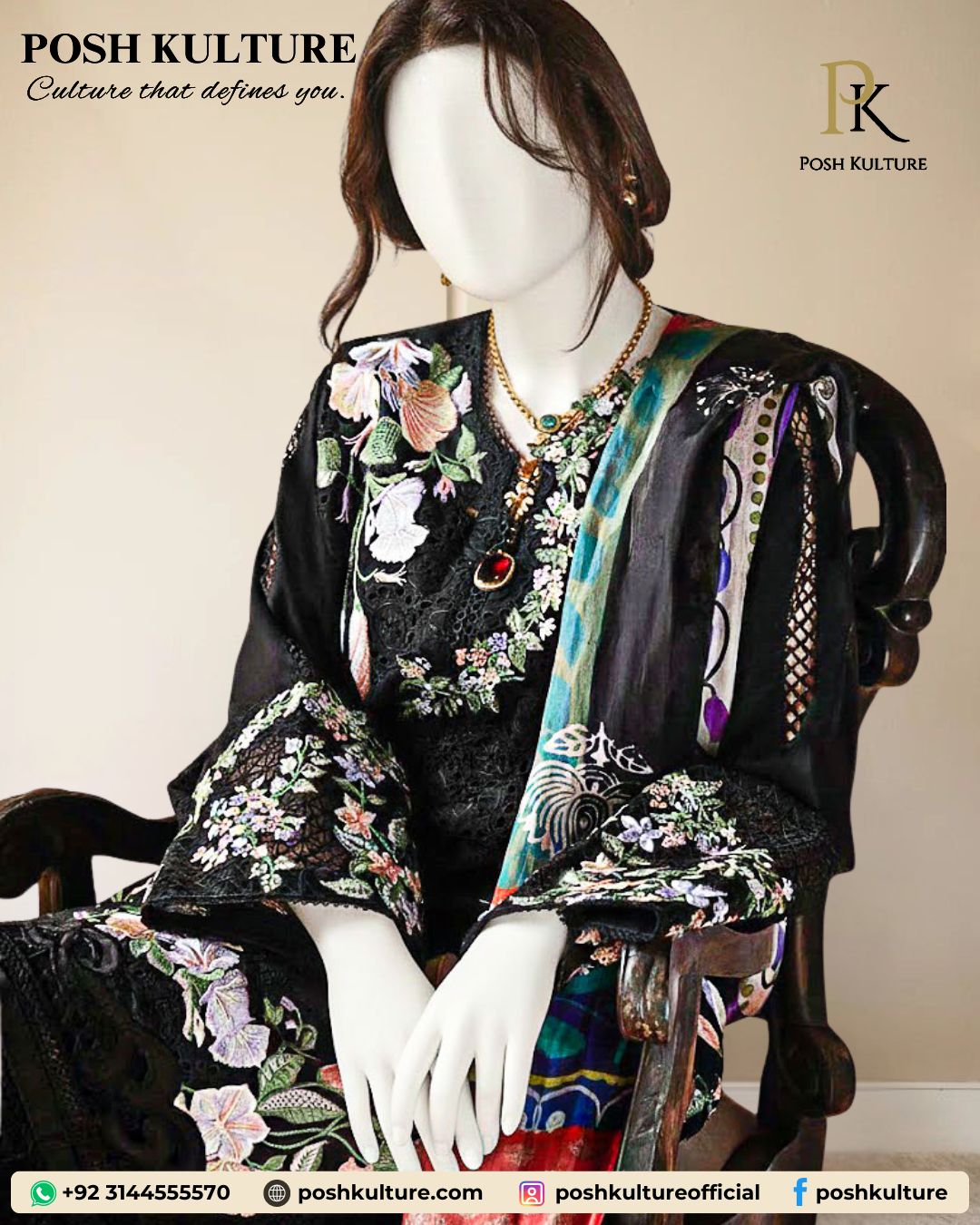 Black Dhanak Embroidered Suit with Contrasting Pashmina Wool Shawl