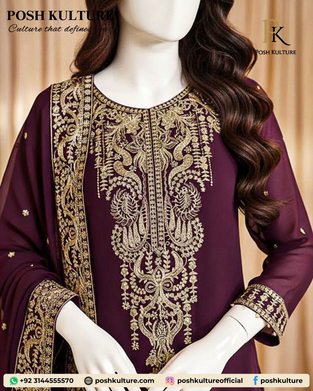 Deep Plum Luxury Unstitched Chiffon Suit | Heavy Gold Embroidery & Silk Trouser - Image 2