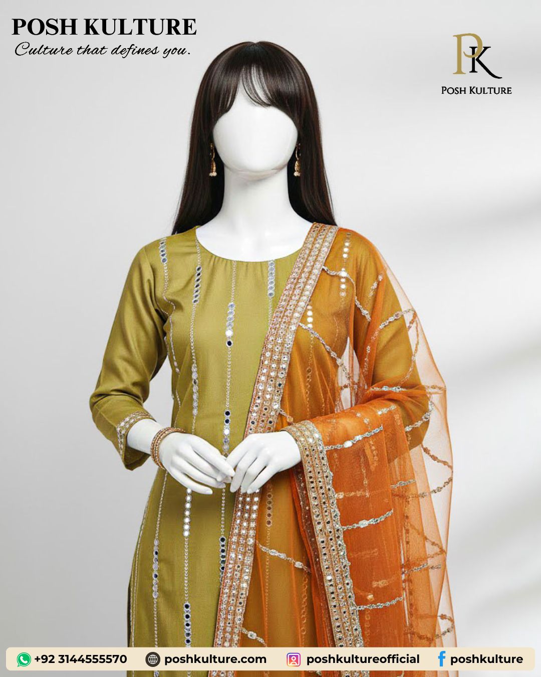Olive Green 3pc Unstitched Suit with Orange Dupatta
