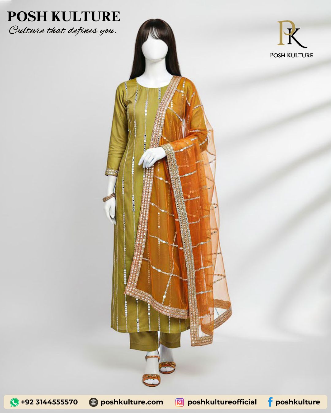olive-green-3pc-unstitched-suit-with-shisha-mirror-work-orange-dupatta