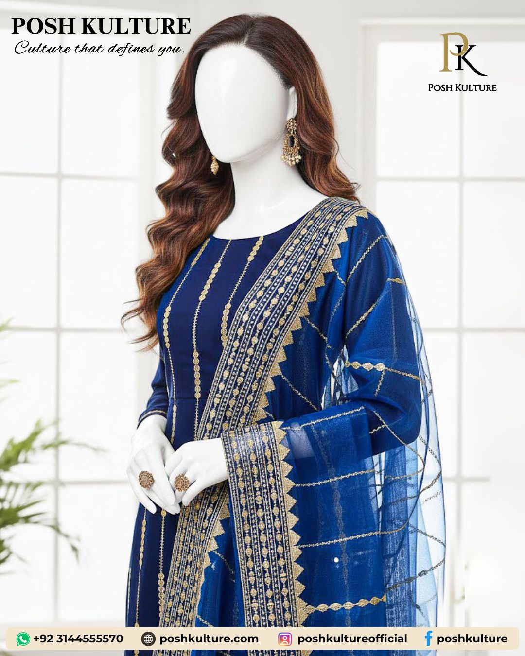 Dark Navy Blue 3pc Organza Suit with Rich Copper Zari Opulence
