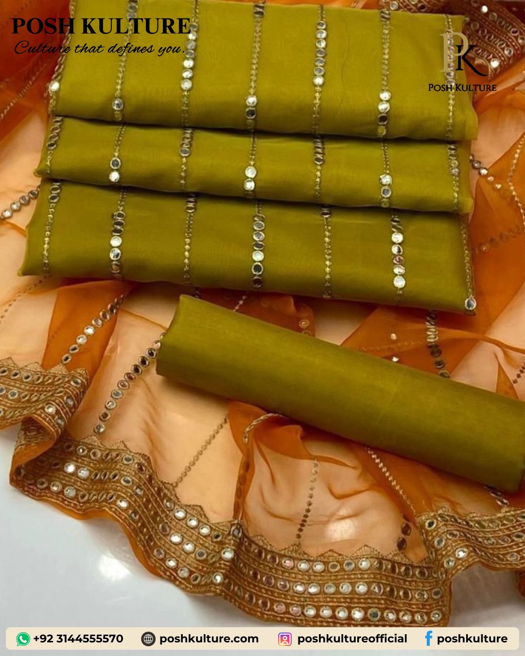 Olive Green 3pc Unstitched Suit with Orange Dupatta