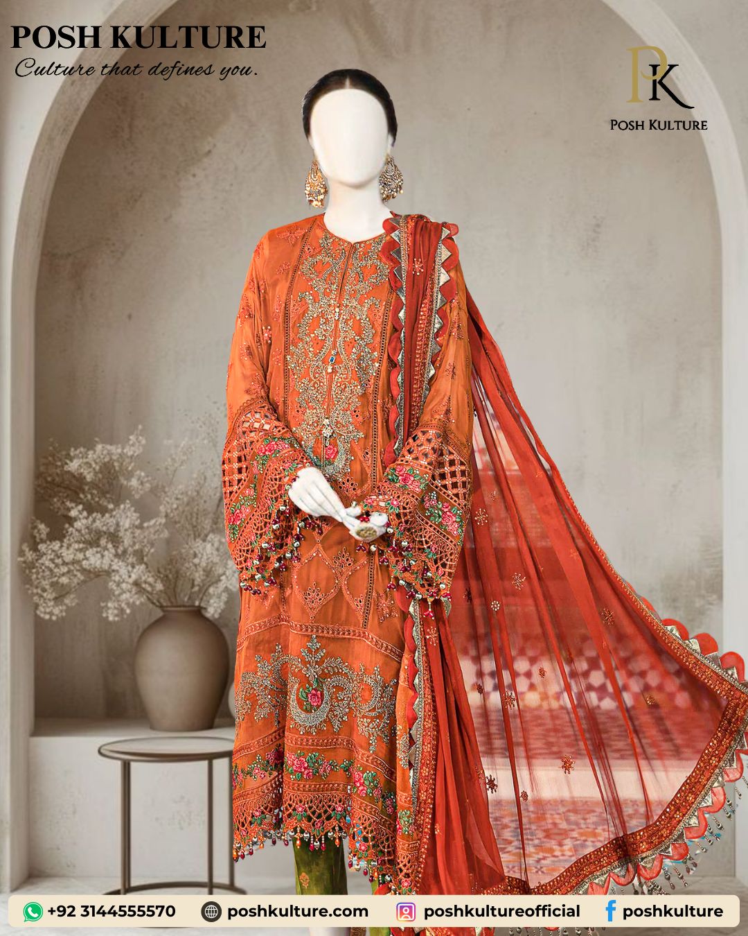 Rust Orange Luxury 3pc Dhanak Suit with Heavy Embroidery & Shawl