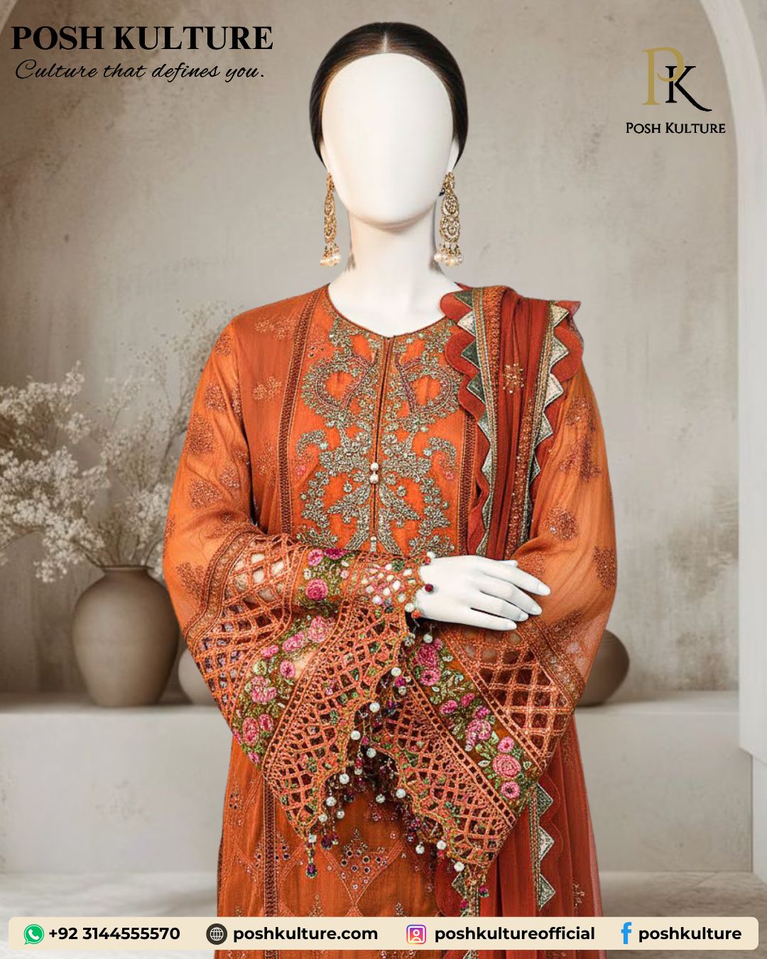 Rust Orange Luxury 3pc Dhanak Suit with Heavy Embroidery & Shawl - Image 3