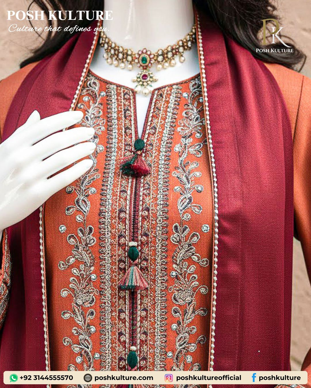 Luxurious Rust Orange Dhanak Embroidered Suit with Shawl,