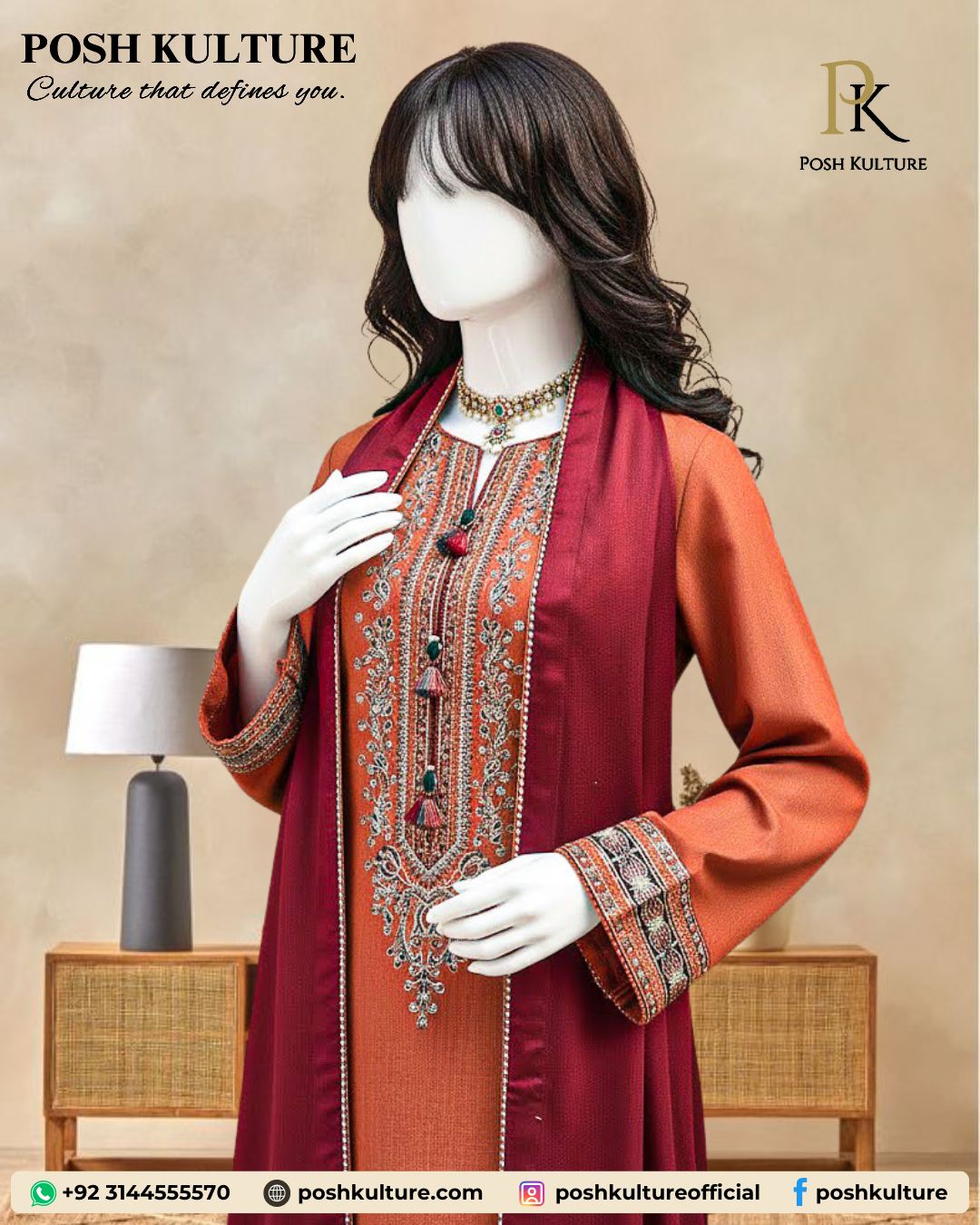 Luxurious Rust Orange Dhanak Embroidered Suit with Shawl,