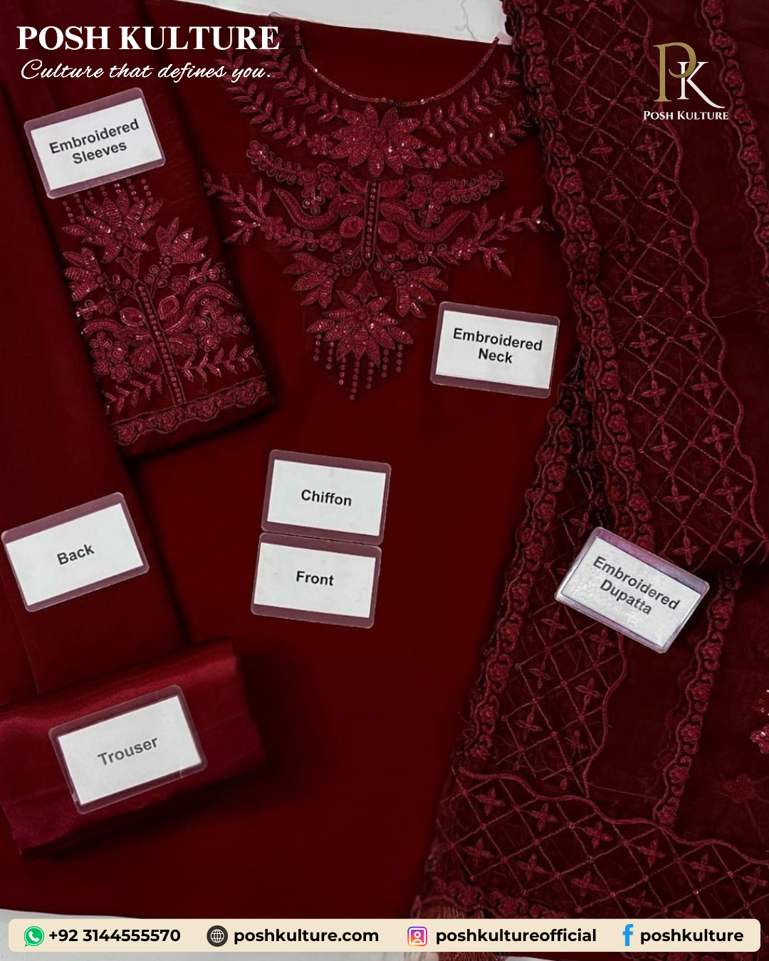 Royal maroon unstitched chiffon suit with heavy embroidered neckline and organza dupatta