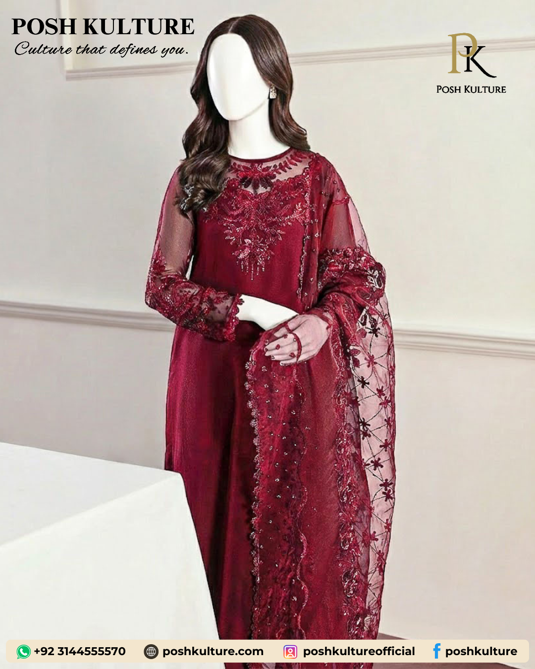 Royal maroon unstitched chiffon suit with heavy embroidered neckline and organza dupatta