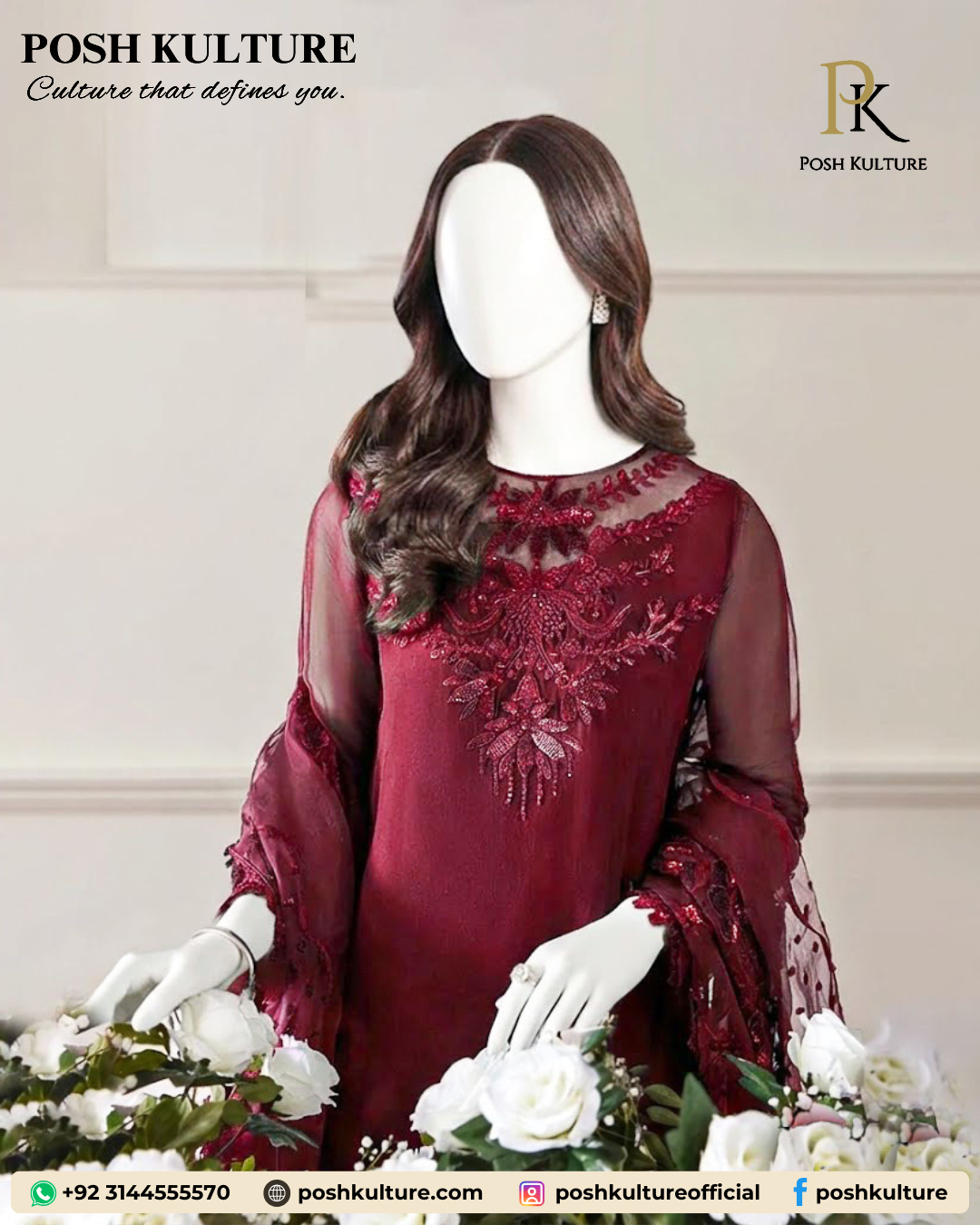 Royal maroon unstitched chiffon suit with heavy embroidered neckline and organza dupatta