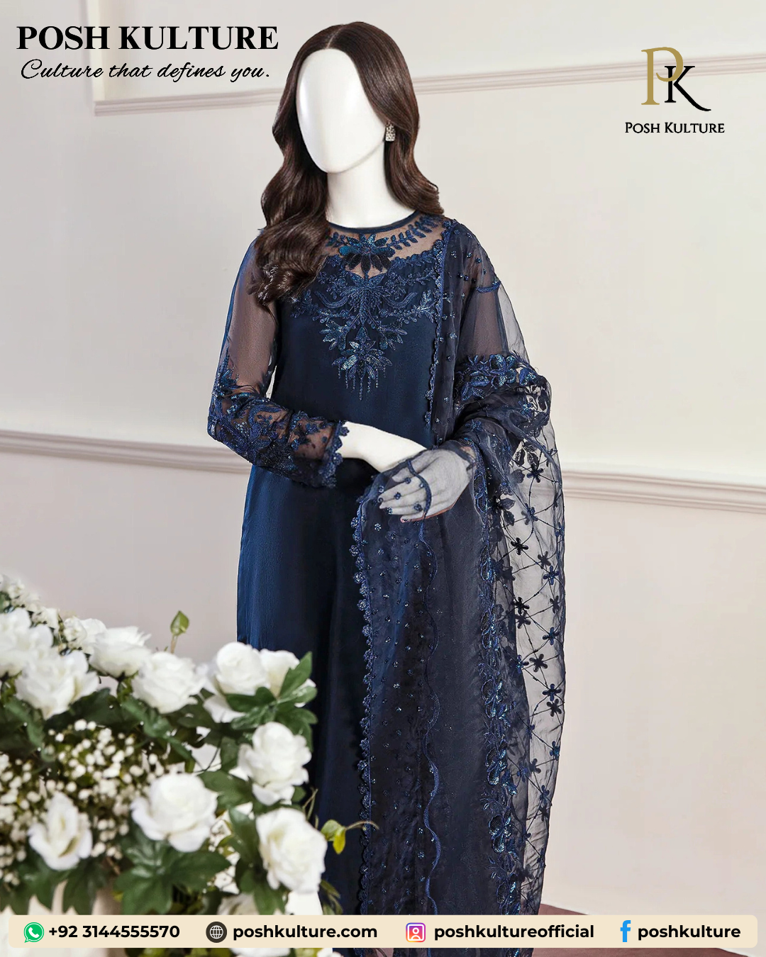 Navy Blue Luxury Embroidered Chiffon Unstitched Suit