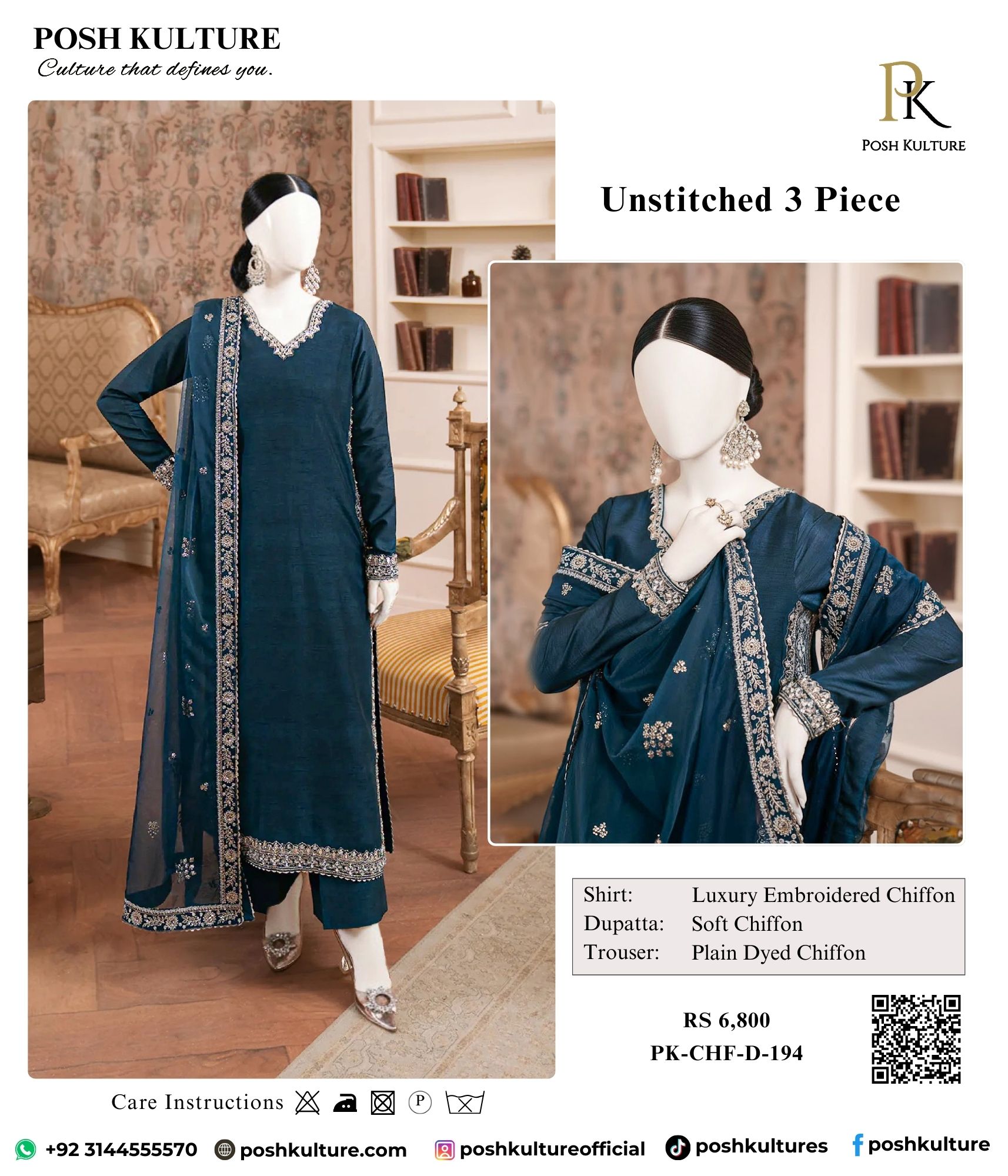 Teal Luxury Embroidered Chiffon Unstitched Suit