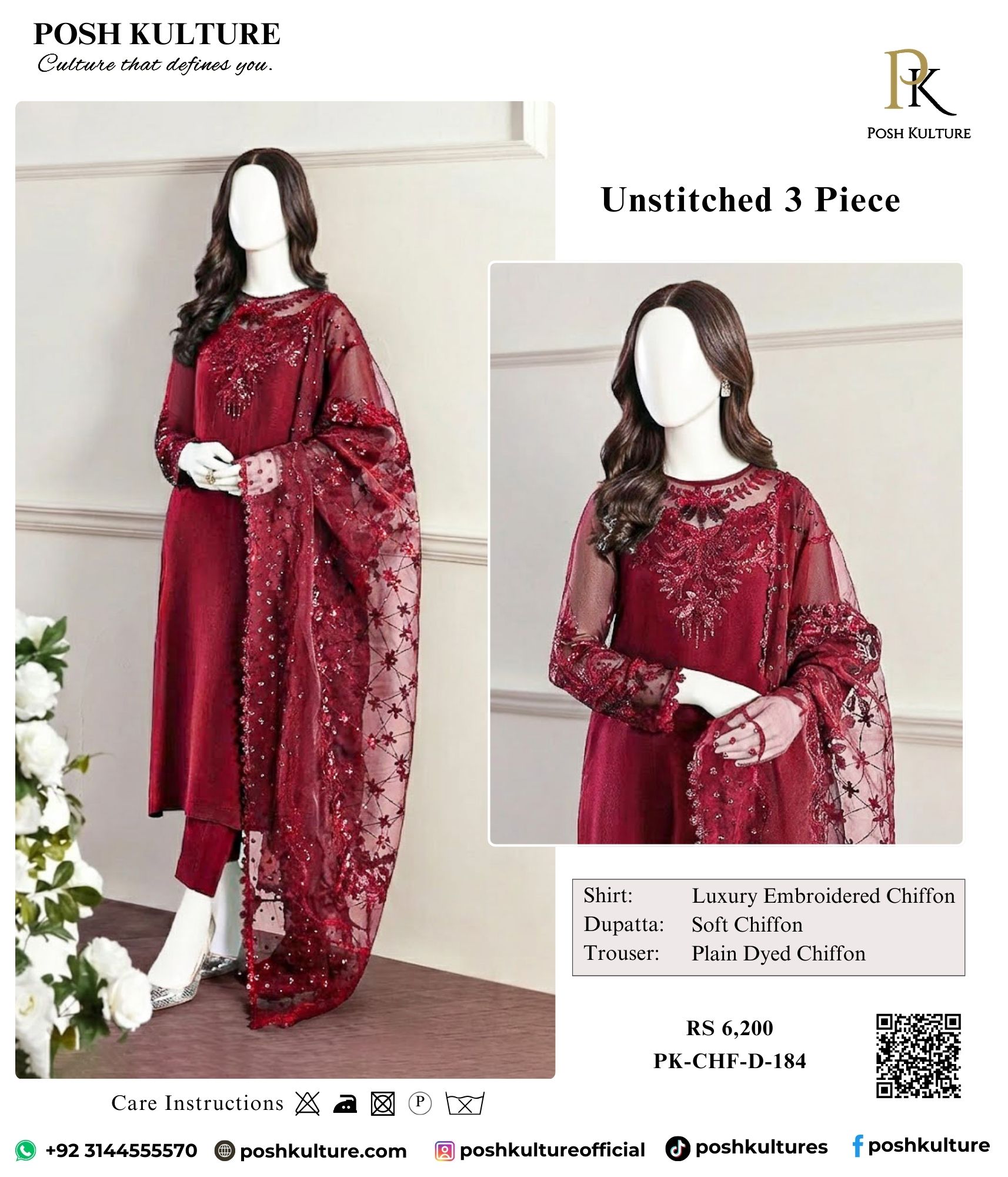 Royal Maroon Hand-Embellished Luxury Chiffon