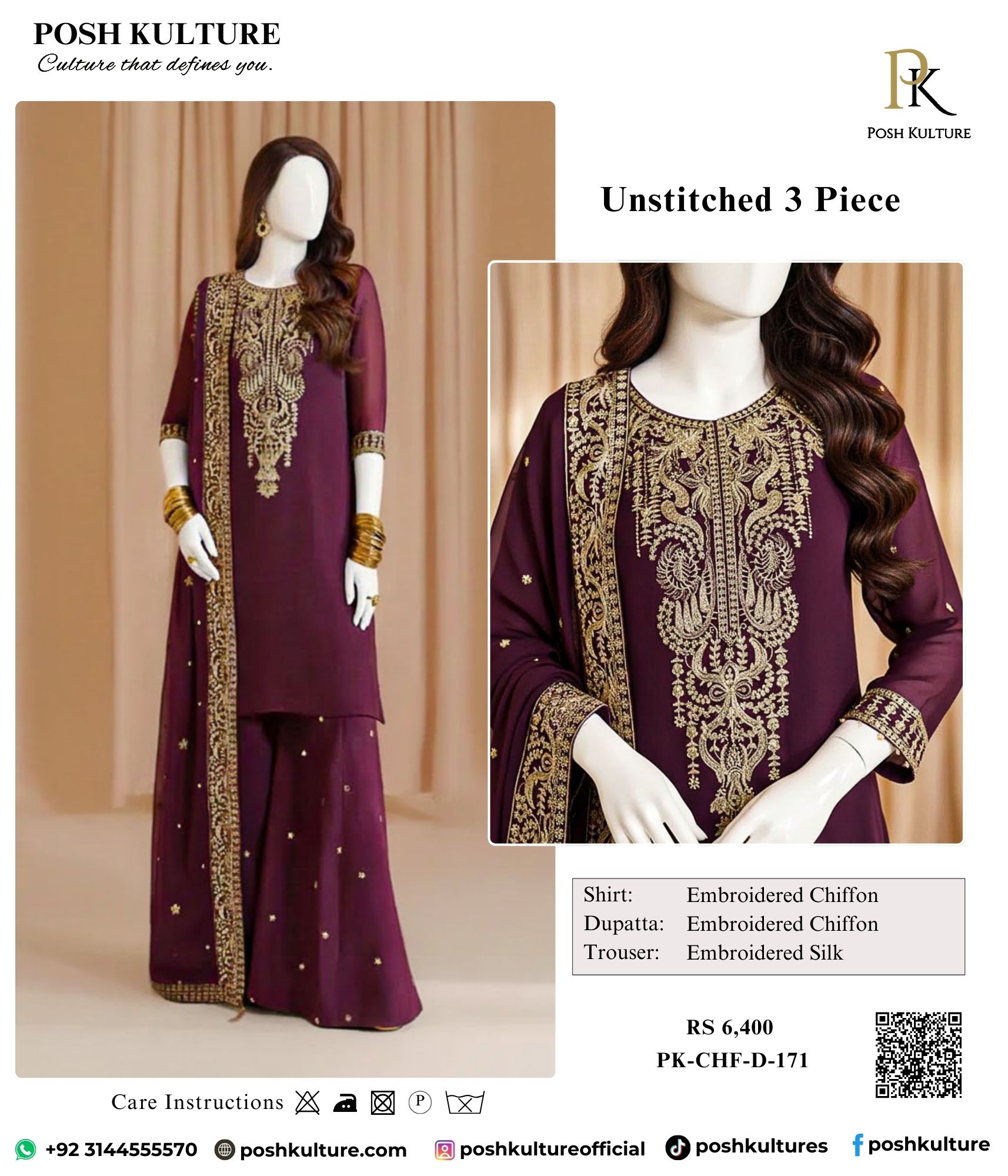 Deep Plum Luxury Unstitched Chiffon Suit | Heavy Gold Embroidery & Silk Trouser