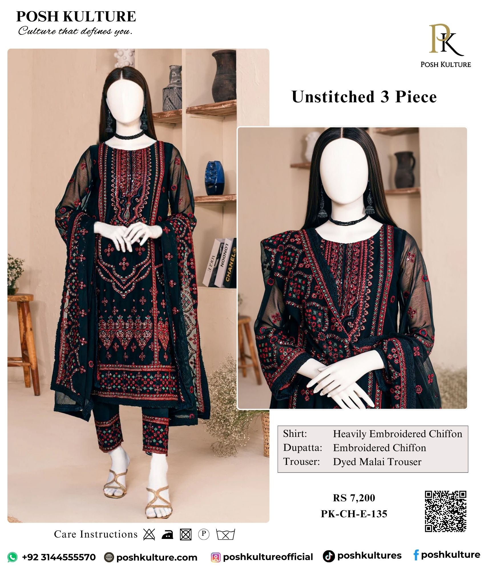 Luxurious Black Chiffon Embroidered 3PC Suit | Premium Shirt & Dupatta