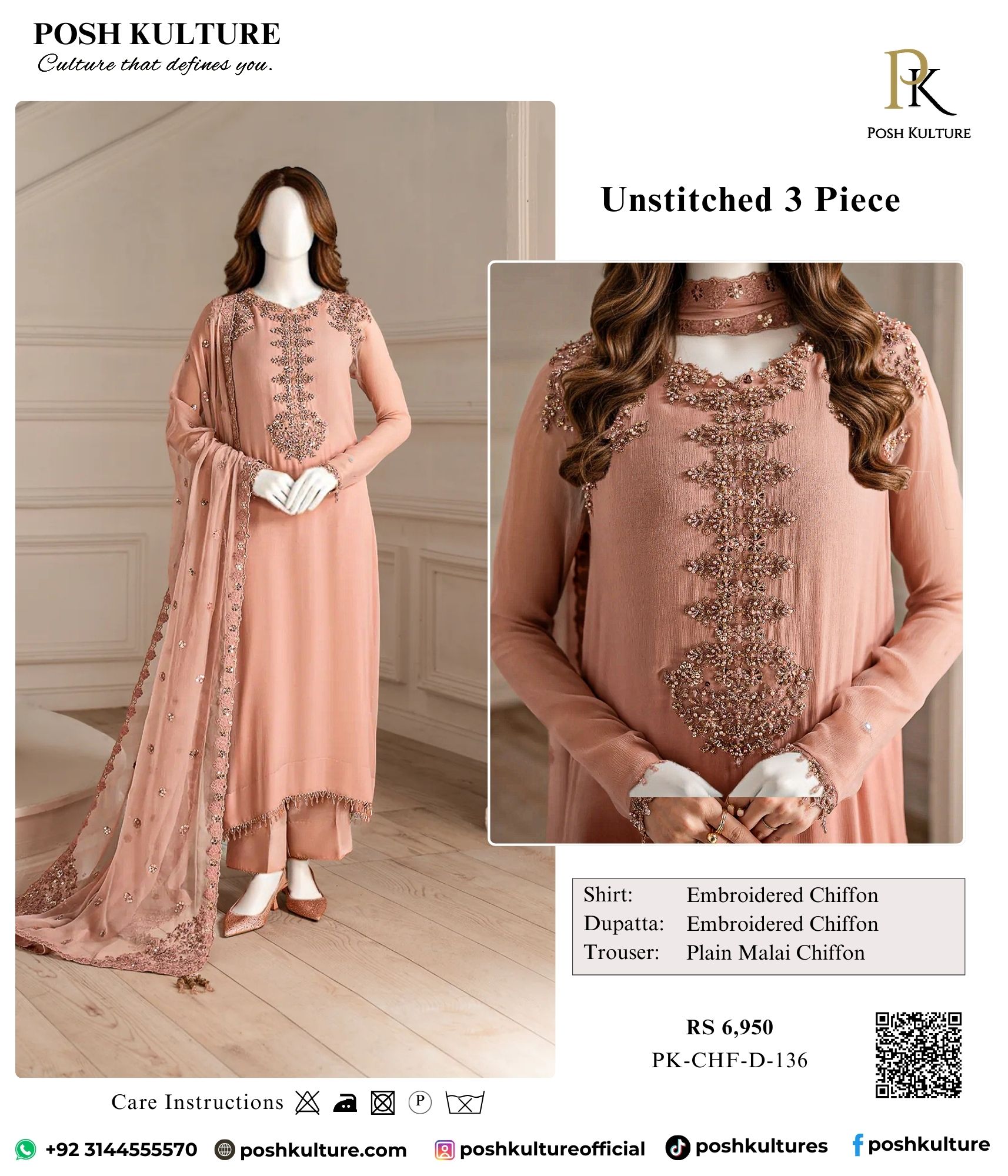 Luxurious Dusty Rose Chiffon Embroidered 3PC Suit | Premium Shirt, Dupatta & Malai Trouser