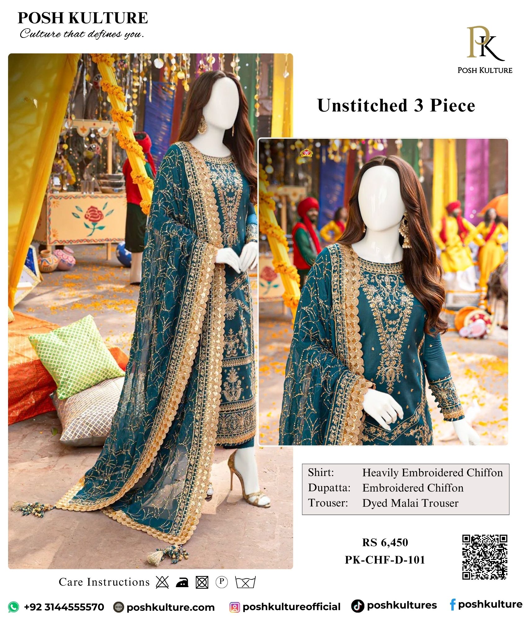 Luxury 3PC Green Chiffon Suit: Intricate Gold Threadwork & Sequin