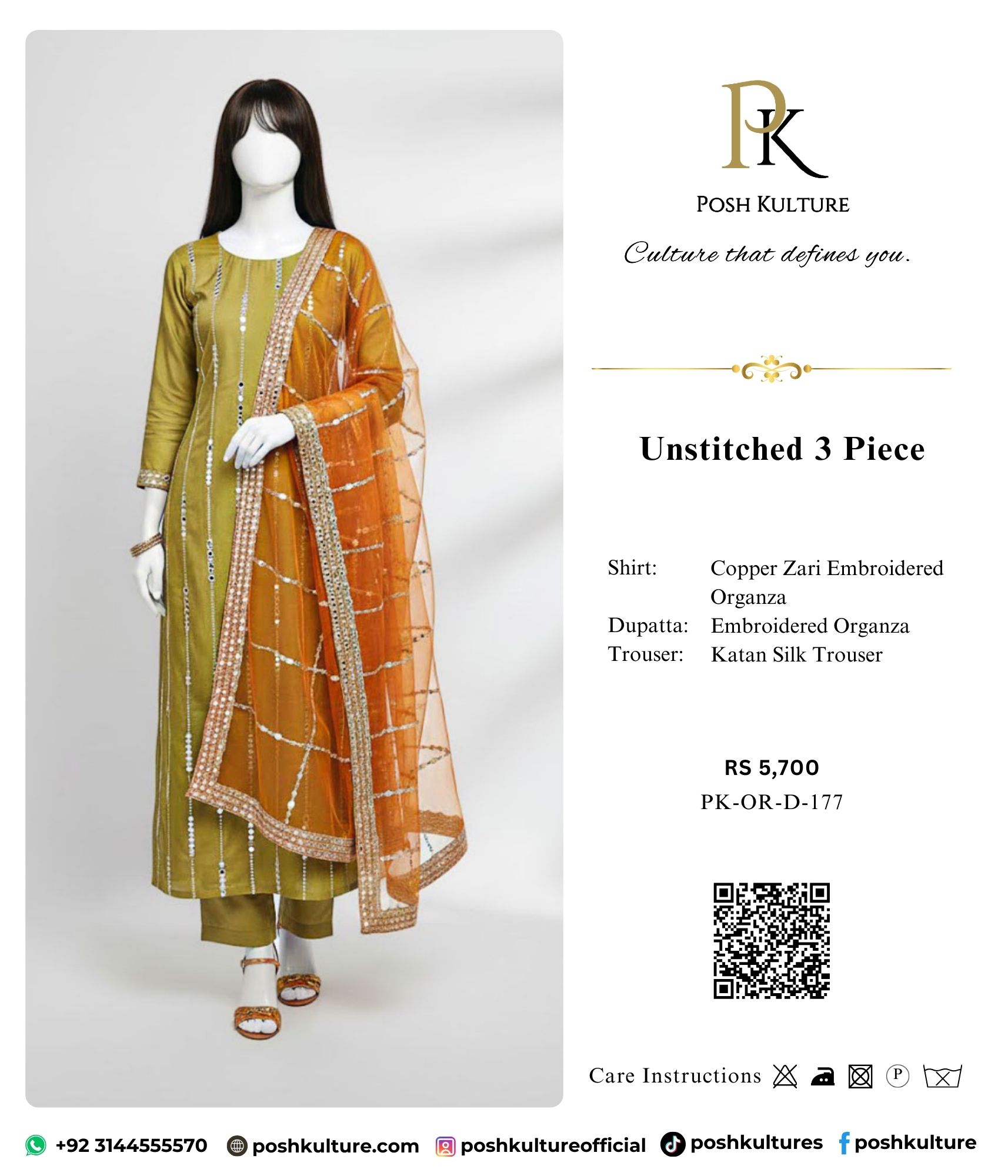 Olive Green 3pc Unstitched Suit with Shisha Mirror Work & Orange Dupatta