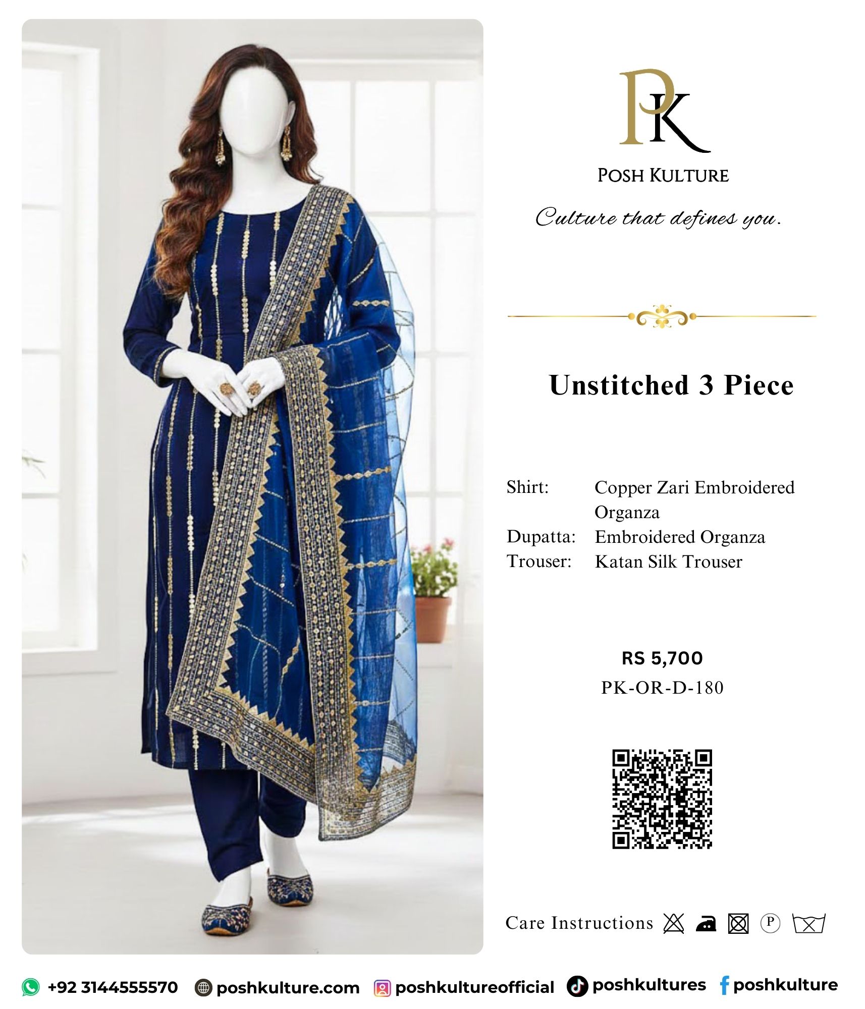 Dark Navy Blue 3pc Organza Suit with Rich Copper Zari Opulence