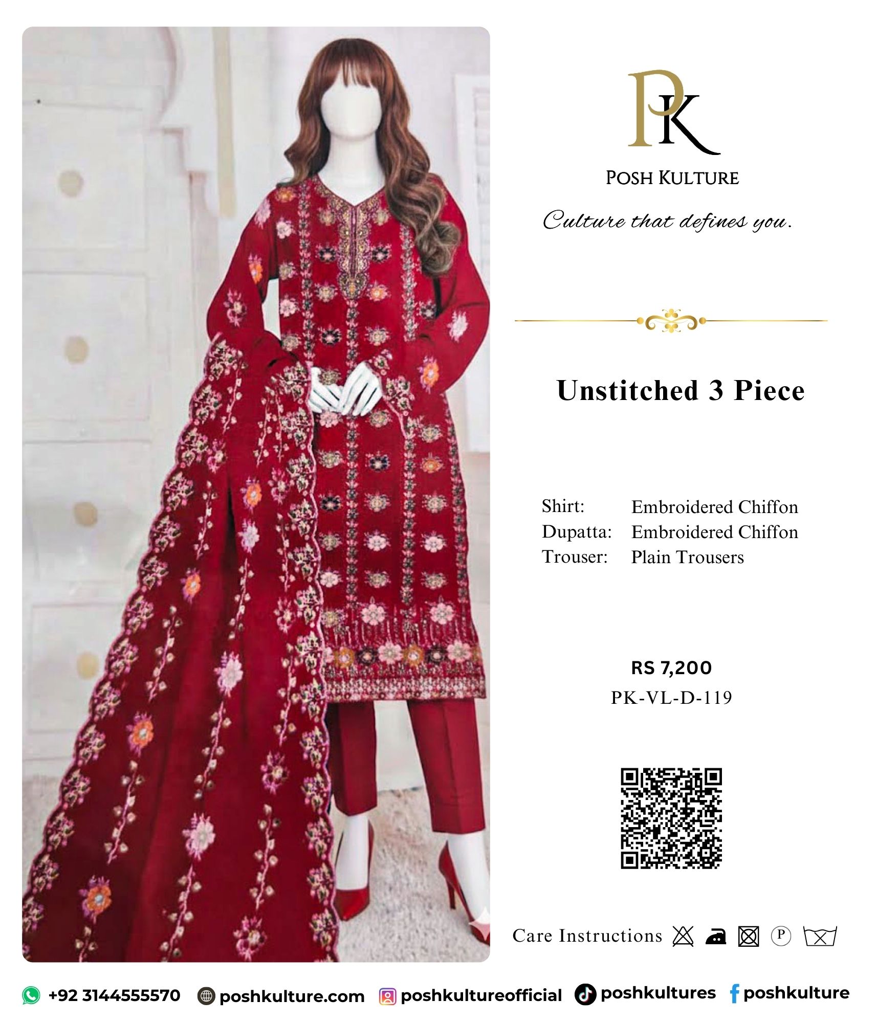 Regal Deep Red 3-Piece Chiffon Suit with Intricate Floral Embroidery