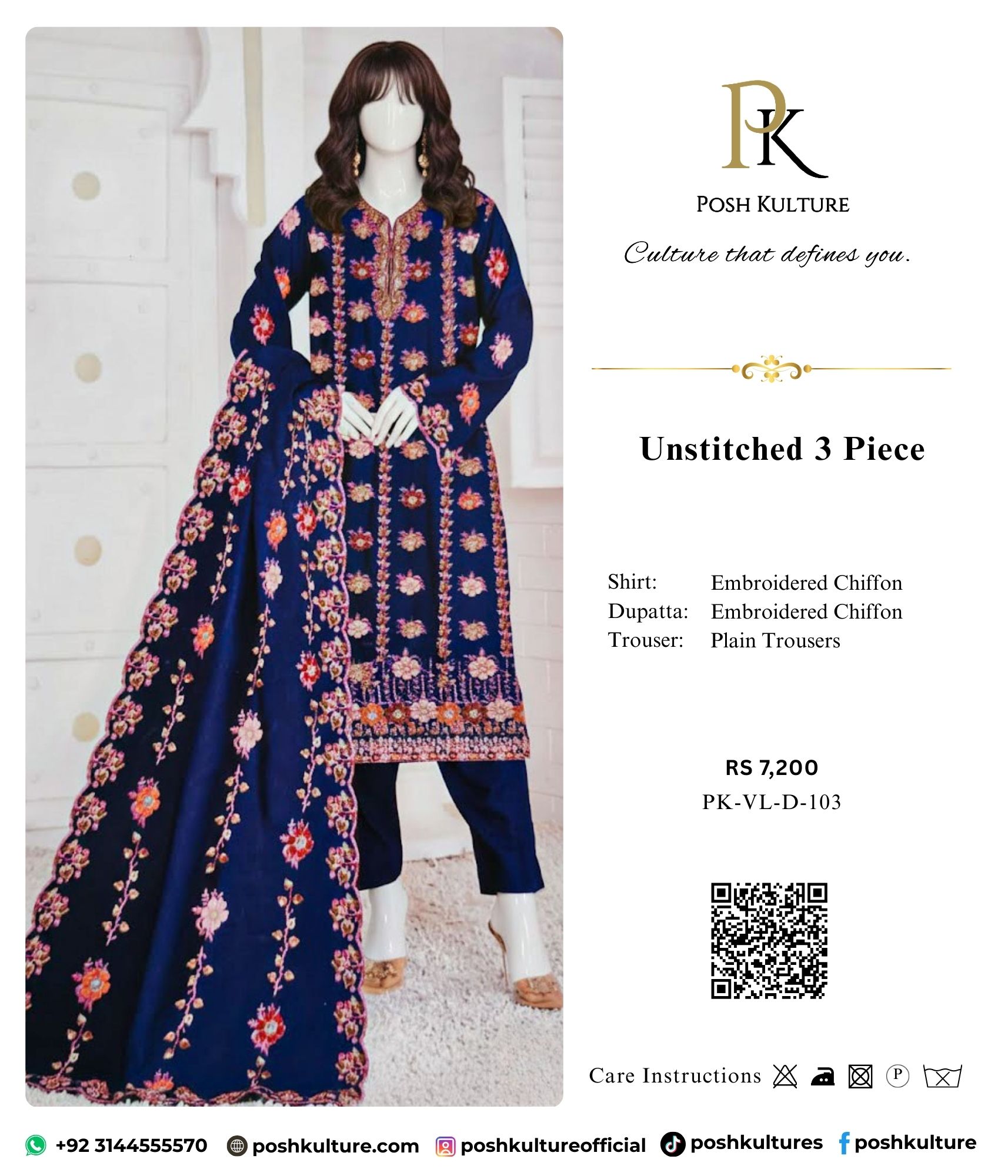 Exquisite Deep Navy Blue 3-Piece Embroidered Chiffon Suit