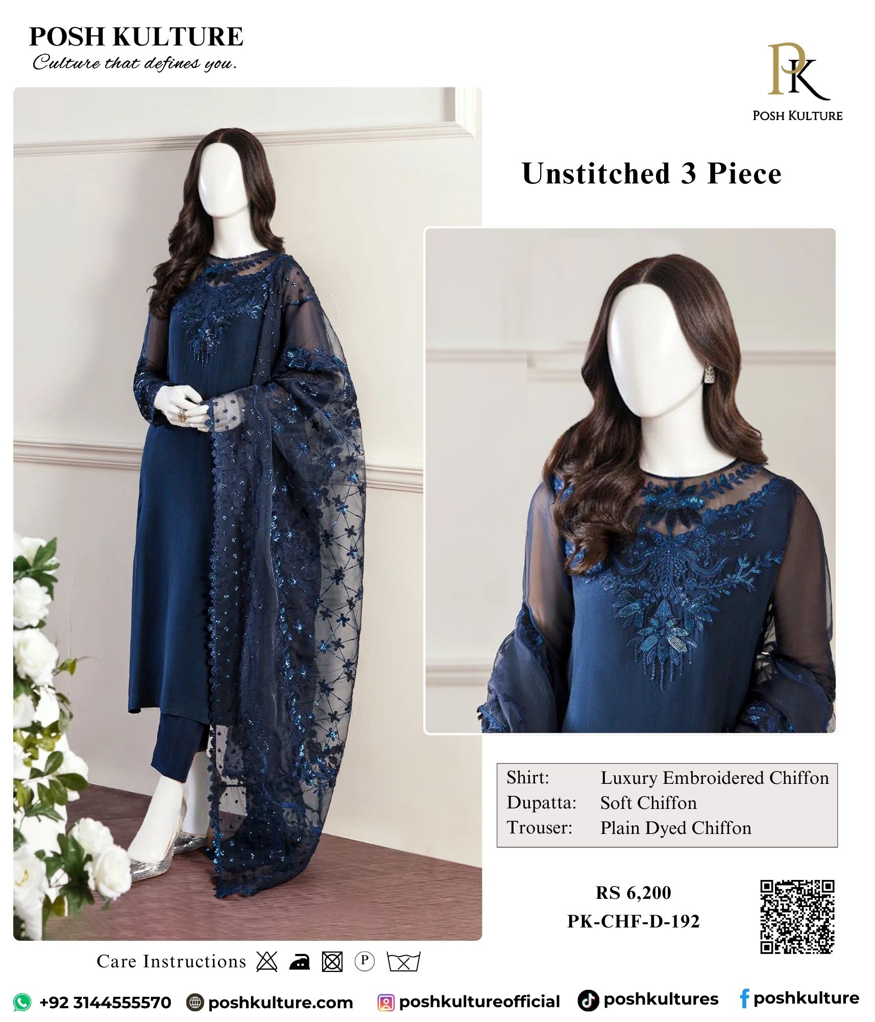 Navy Blue Luxury Embroidered Chiffon Unstitched Suit