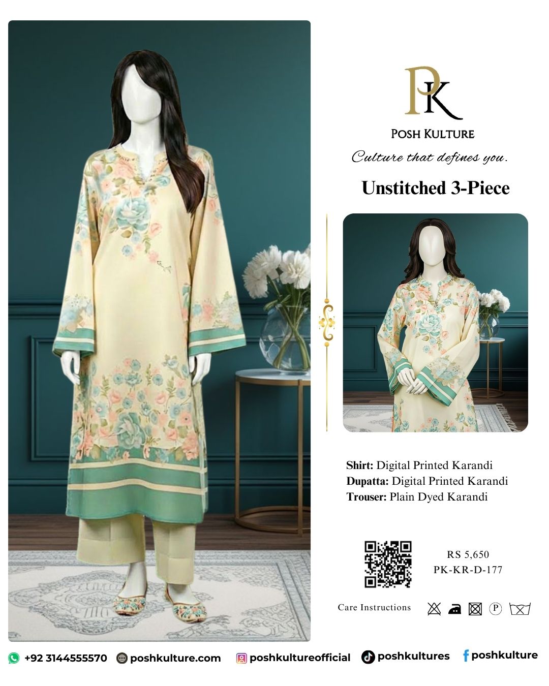 Light Yellow & Mint Floral Digital Print Unstitched 3-Piece Suit