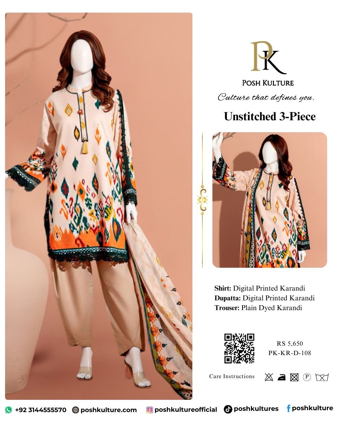 Peach Karandi Digital Print Unstitched 3-Piece Suit