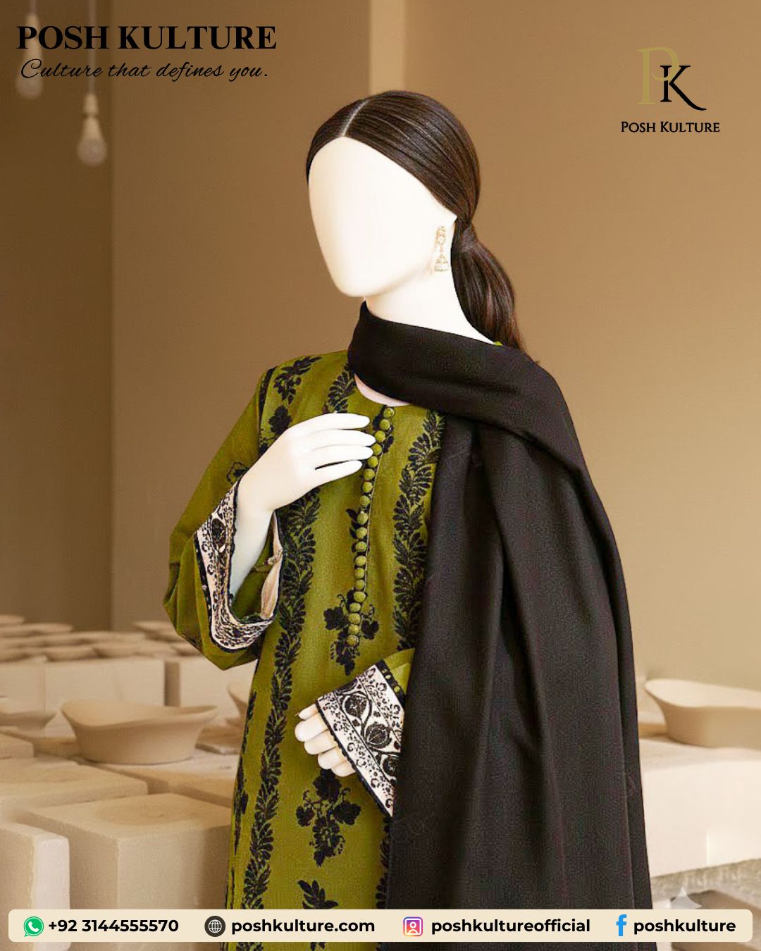 3PC Unstitched Luxury Lawn Suit – Moss Green Eid Edition